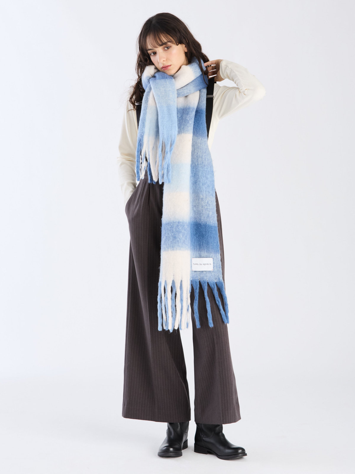 To b. by agnès b. ブロックチェック マフラー ブルー