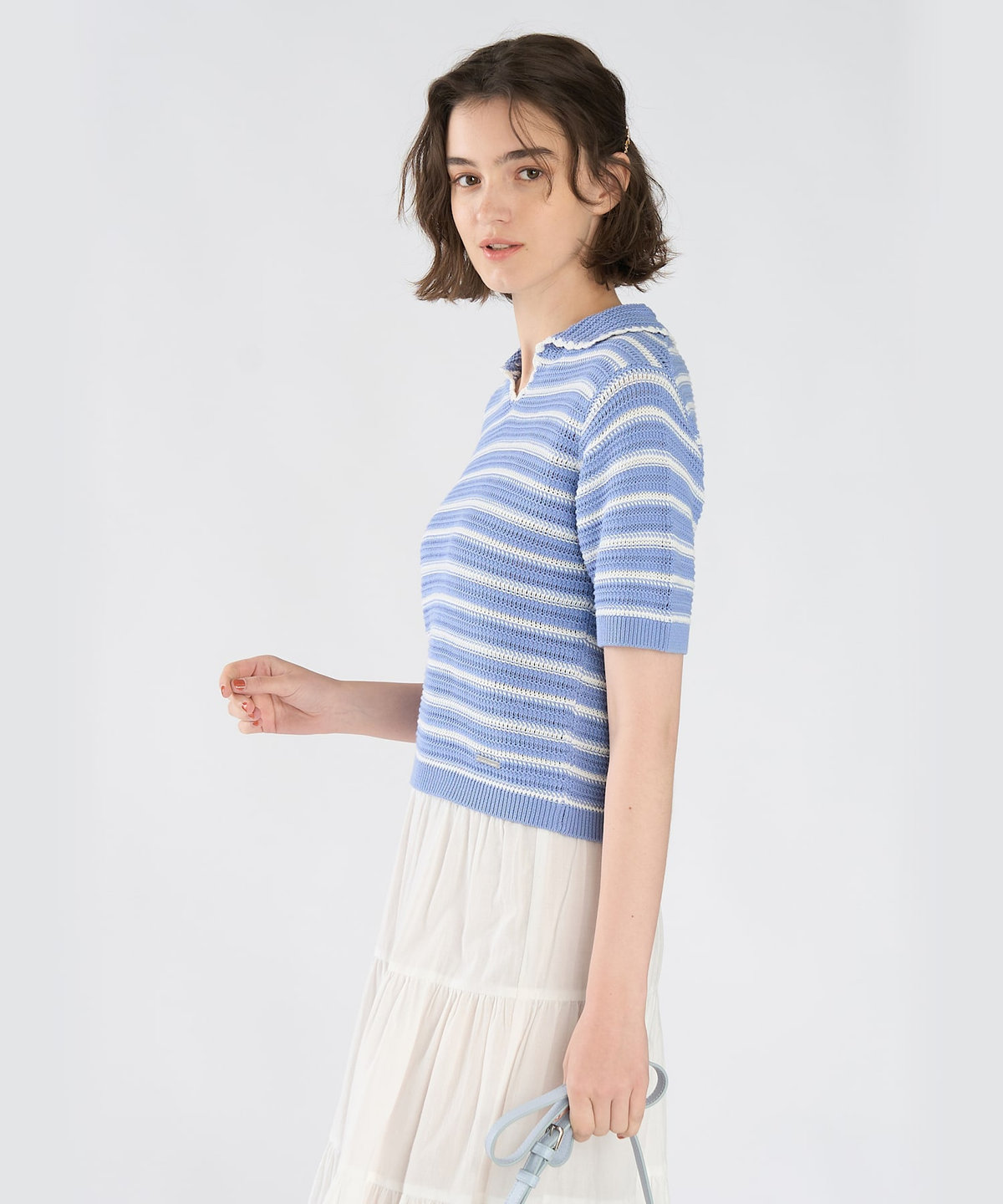 To b. by agnès b. カラーボーダー コットン 半袖 ニットポロ ライトブルー