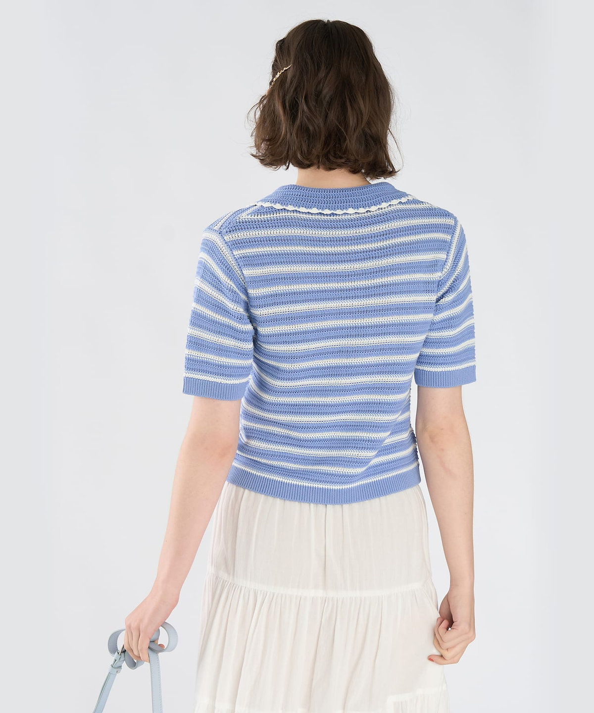 To b. by agnès b. カラーボーダー コットン 半袖 ニットポロ ライトブルー