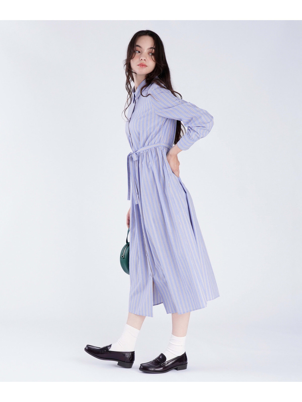 To b. by agnès b. ストライプ コットン シャツワンピース ブルー