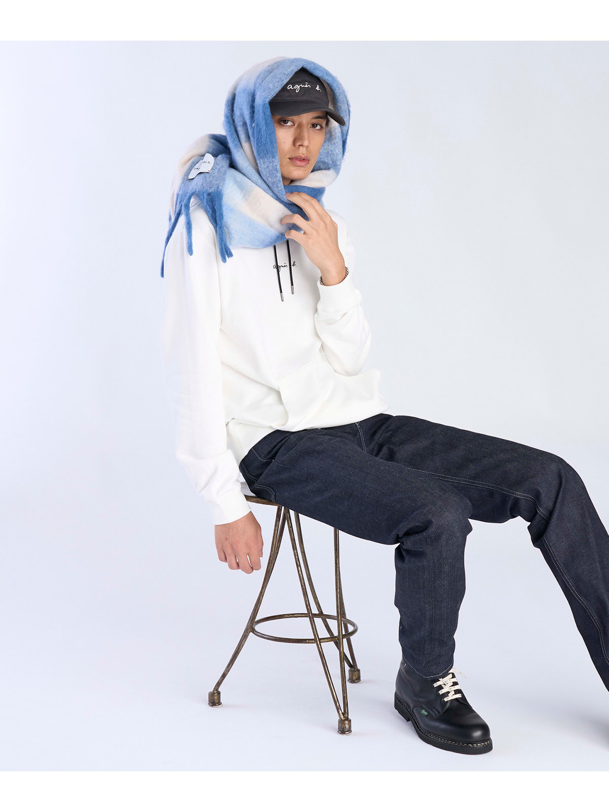 To b. by agnès b. ブロックチェック マフラー ブルー