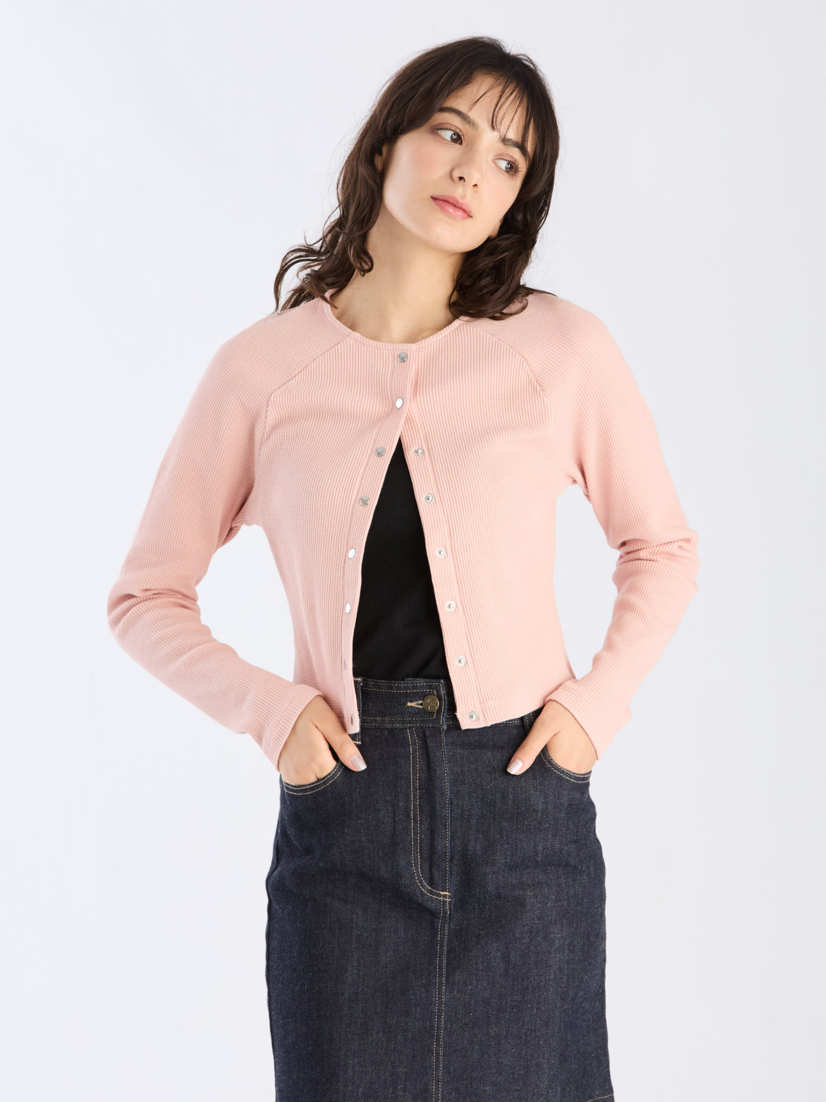 To b. by agnès b. 【Outlet】ワッフル コンパクト ロングスリーブ カーディガン ピンク