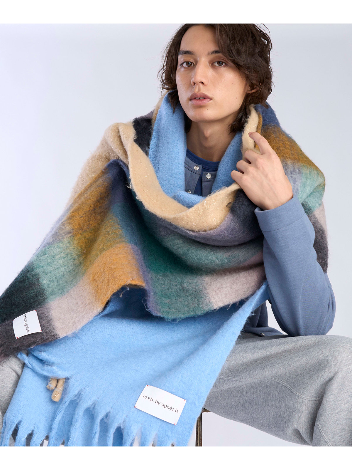 To b. by agnès b. ブロックチェック マフラー グリーン
