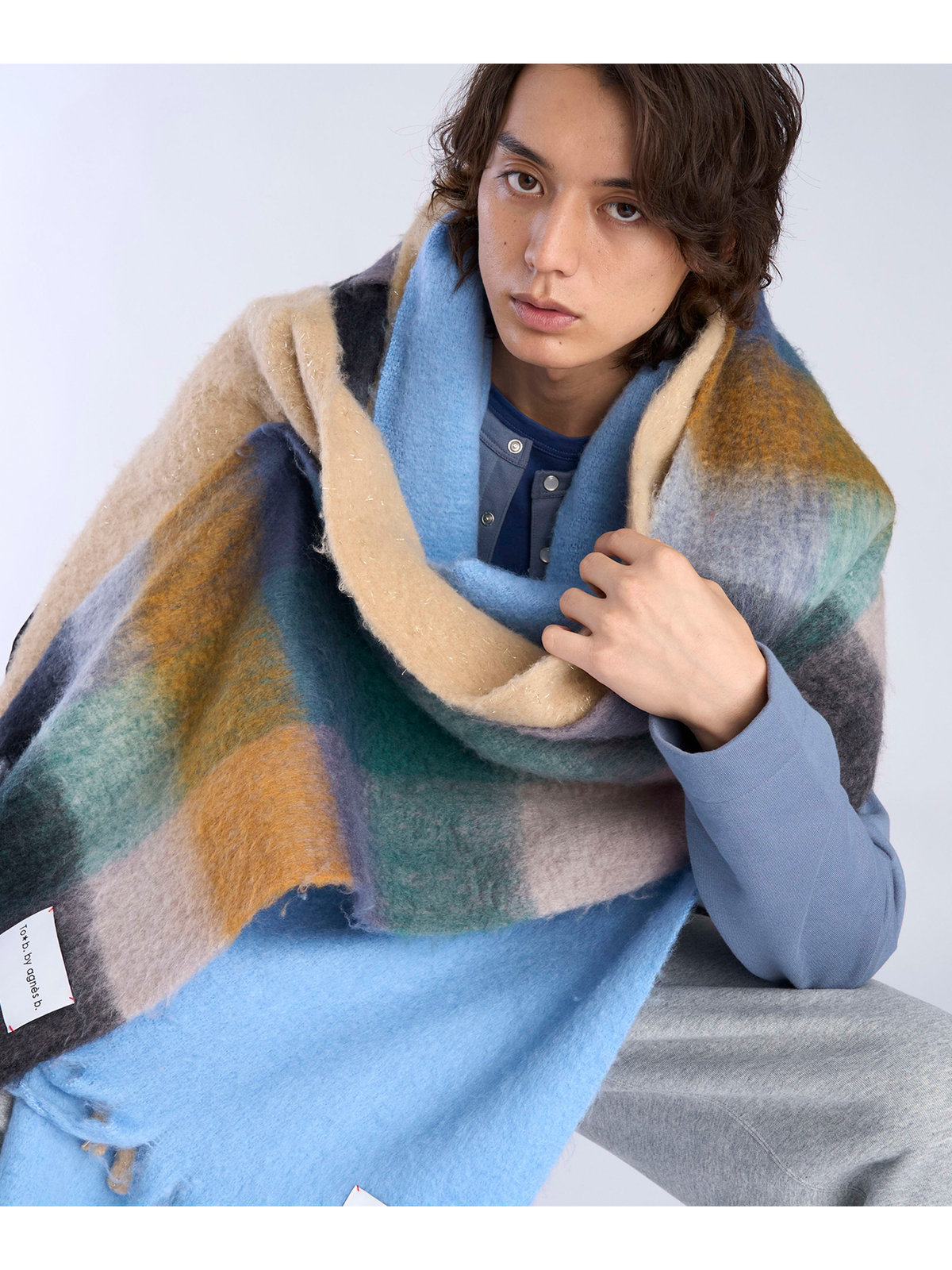 To b. by agnès b. ブロックチェック マフラー グリーン