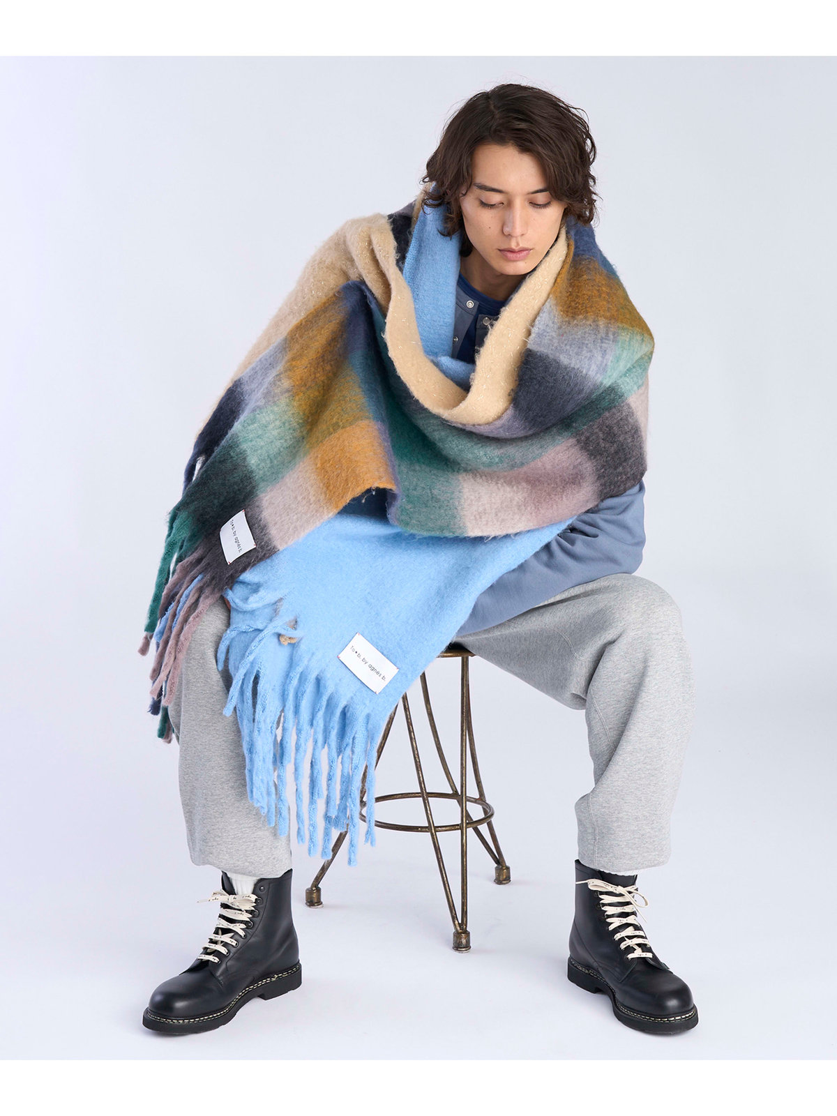 To b. by agnès b. ブロックチェック マフラー グリーン