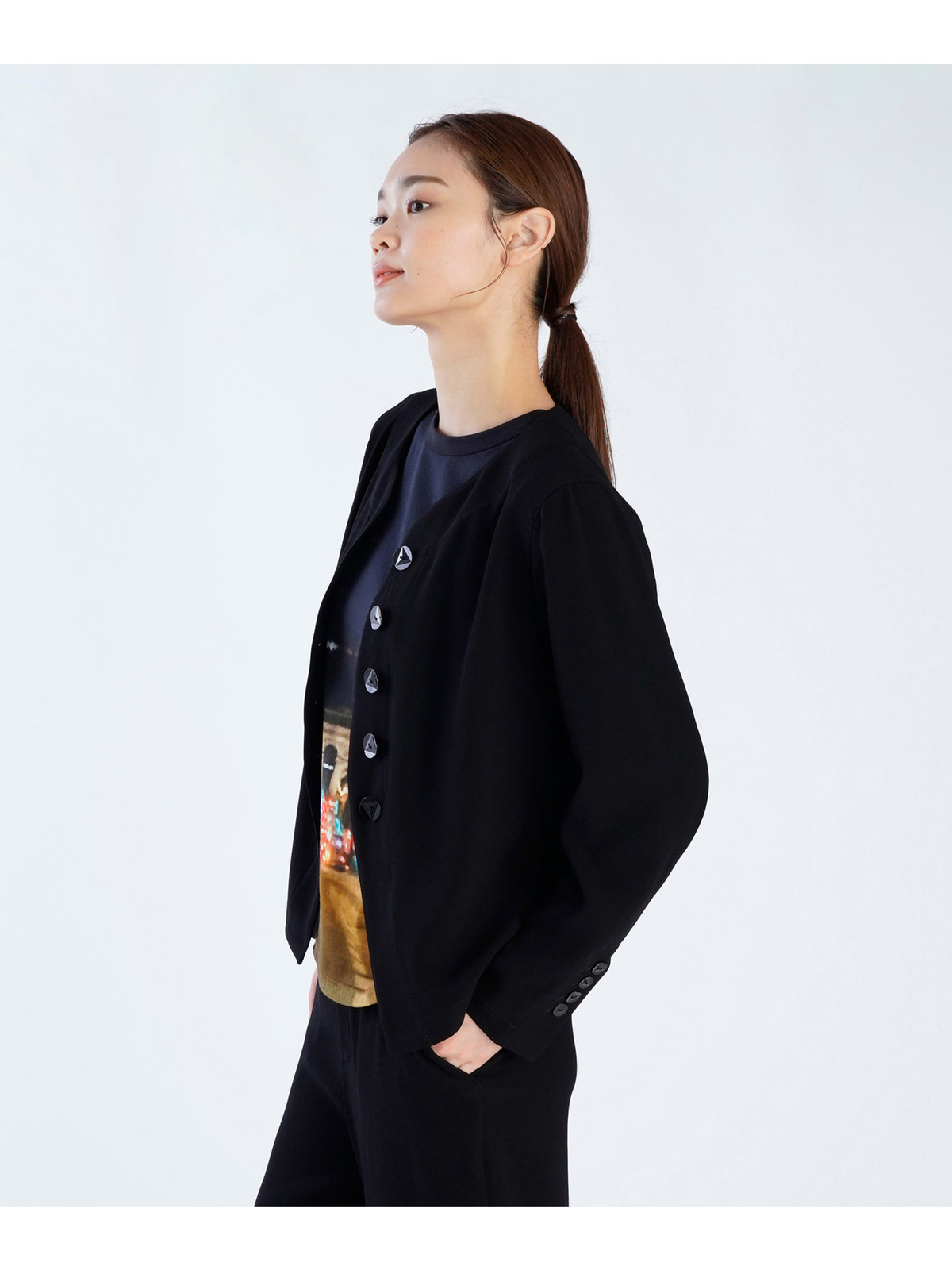 FEMME ウィメンズ ブラック トリアセテート Vネック クレープ シャツジャケット ブラック