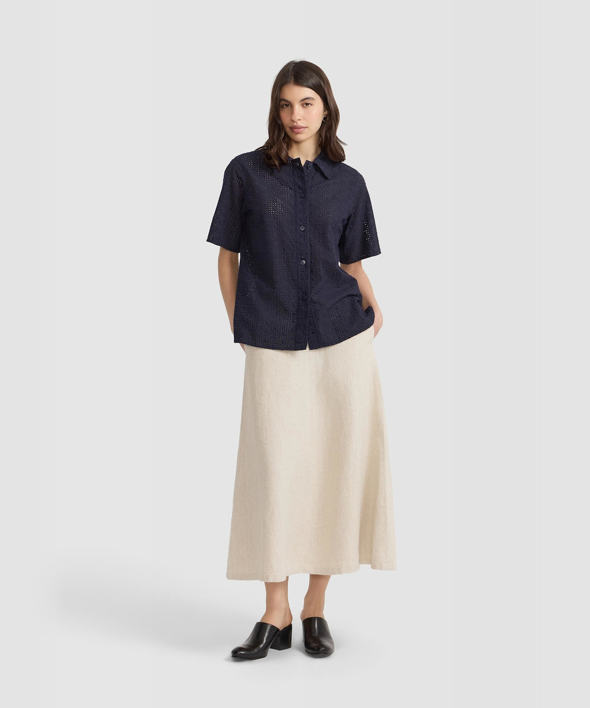 FEMME ウィメンズ プリント コットン 半袖 ブラウス ネイビー