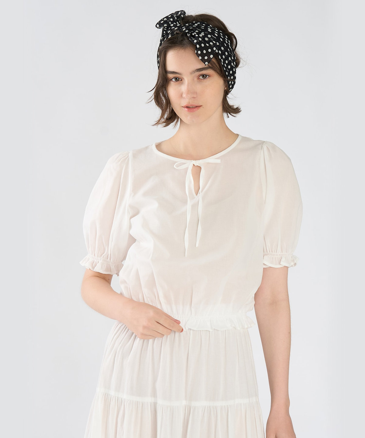 To b. by agnès b. コットン シフォン パフィー 半袖 ブラウス ホワイト
