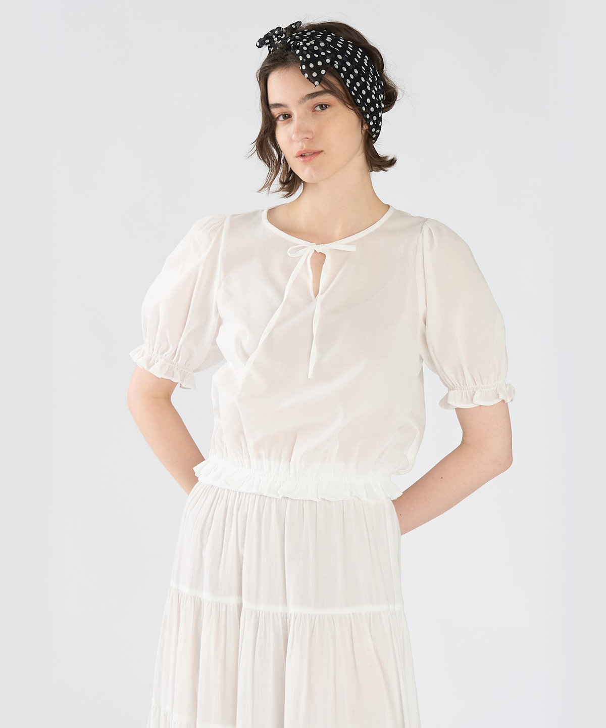 To b. by agnès b. コットン シフォン パフィー 半袖 ブラウス ホワイト