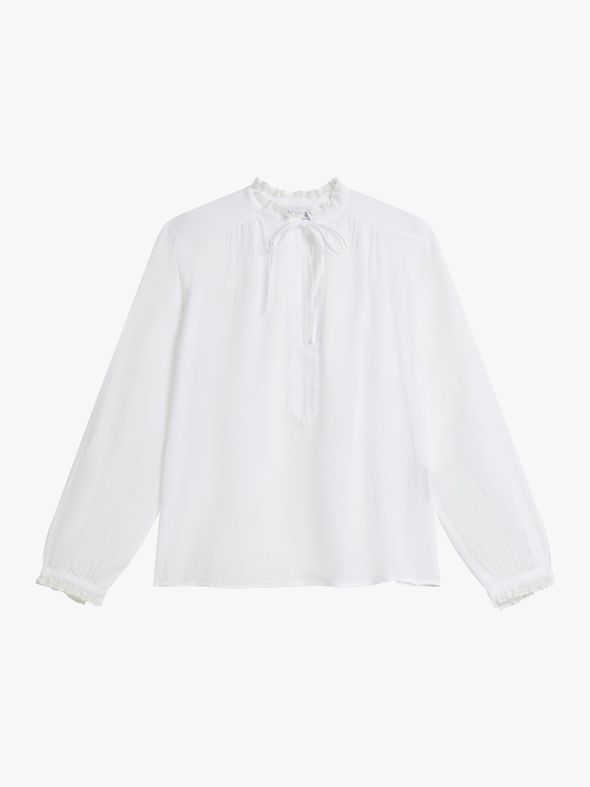 FEMME ウィメンズ ガーゼ調コットン リボン フリルネック 長袖 ブラウス "Tiziano" ホワイト