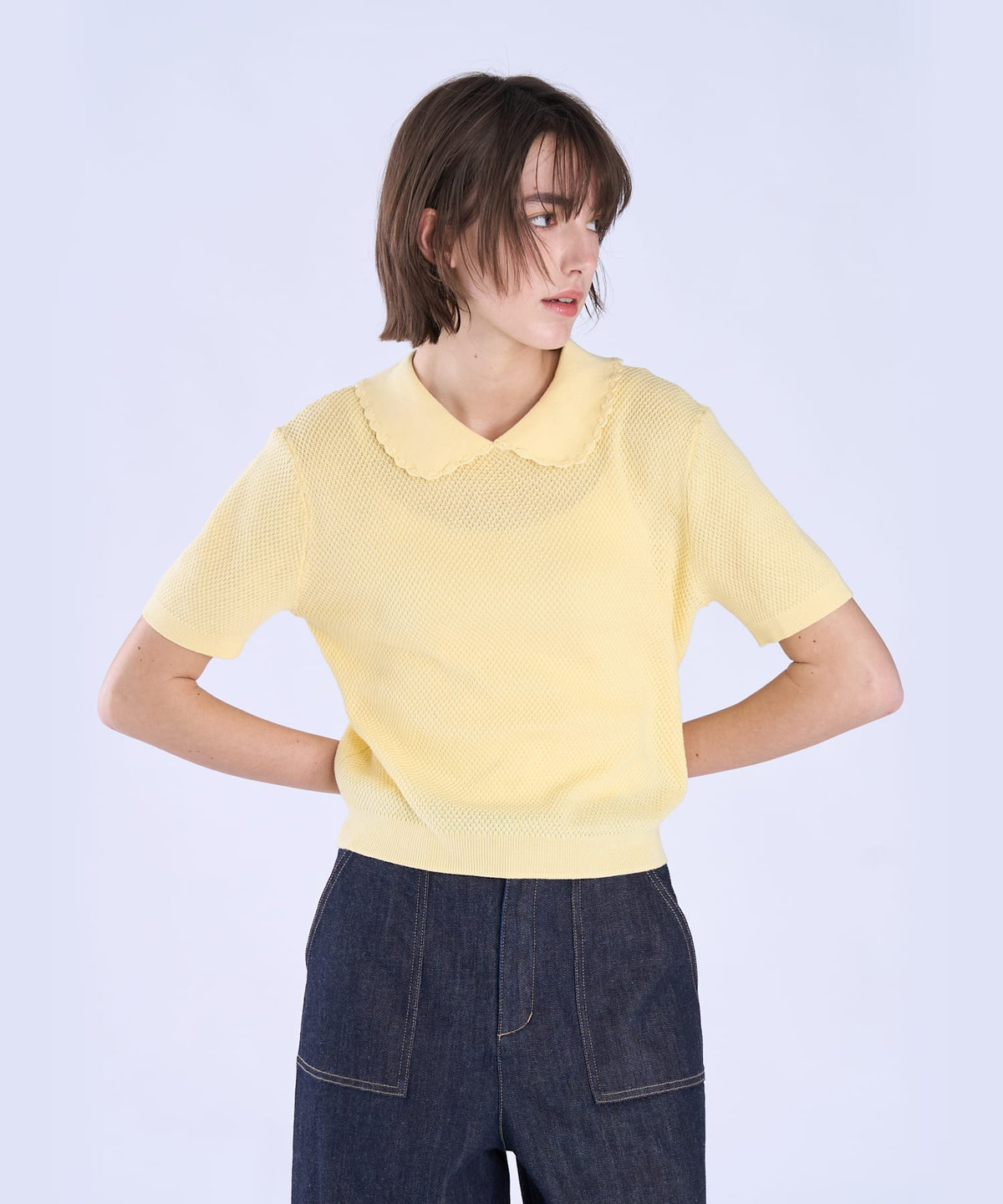 To b. by agnès b. コットン タック ステッチ 半袖 ニット プルオーバー イエロー