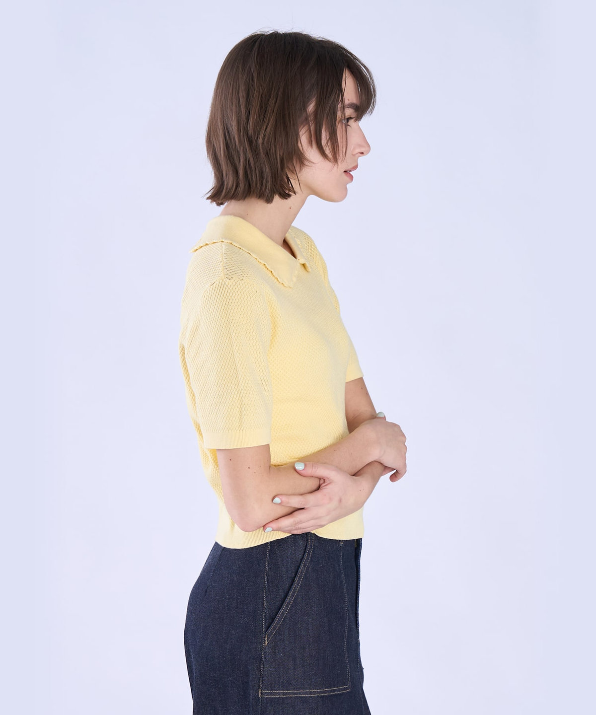 To b. by agnès b. コットン タック ステッチ 半袖 ニット プルオーバー イエロー