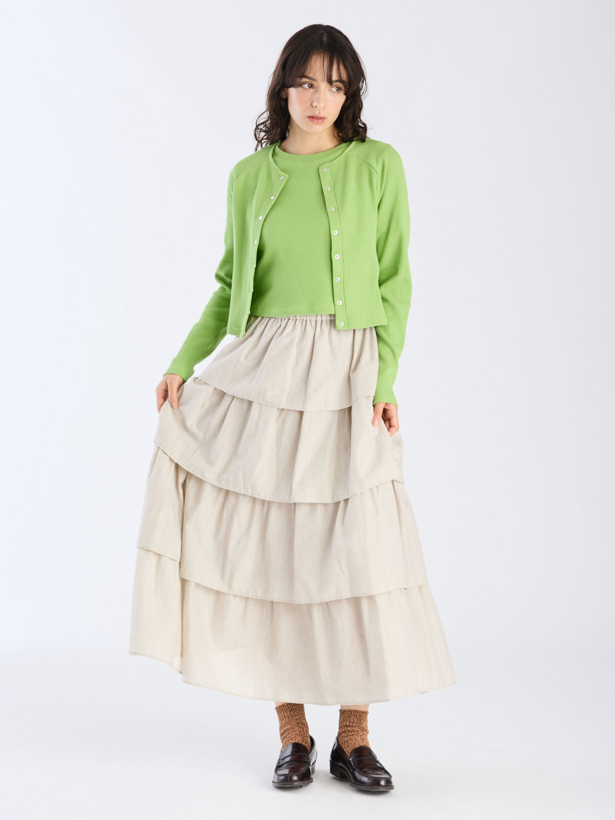 To b. by agnès b. 【Outlet】ワッフル コンパクト ロングスリーブ カーディガン グリーン