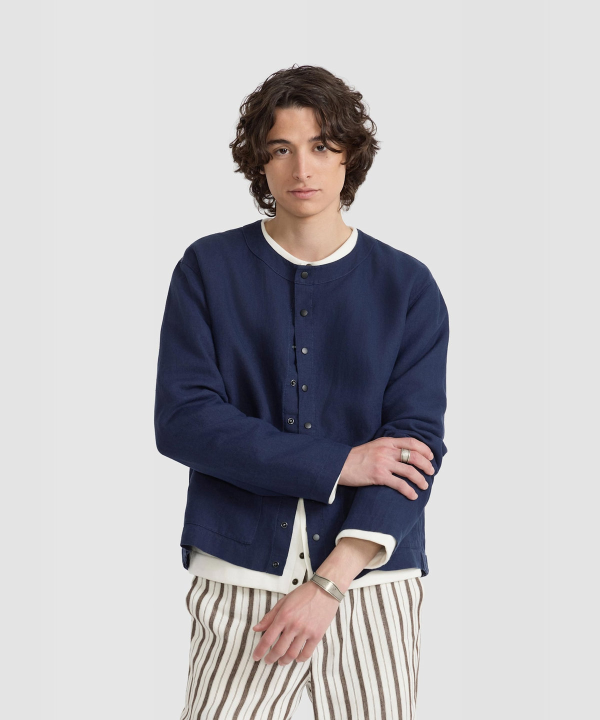 HOMME メンズ メンズ リネン 長袖 シャツ カーディガン ネイビー