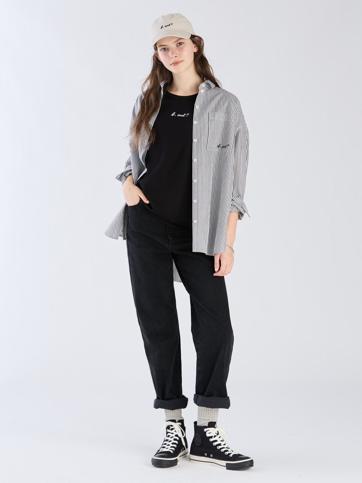 To b. by agnès b. 【Outlet】To b. by agnes b.× green label relaxing コットン 刺繍 ストライプ シャツ "b. cool!!" ホワイト