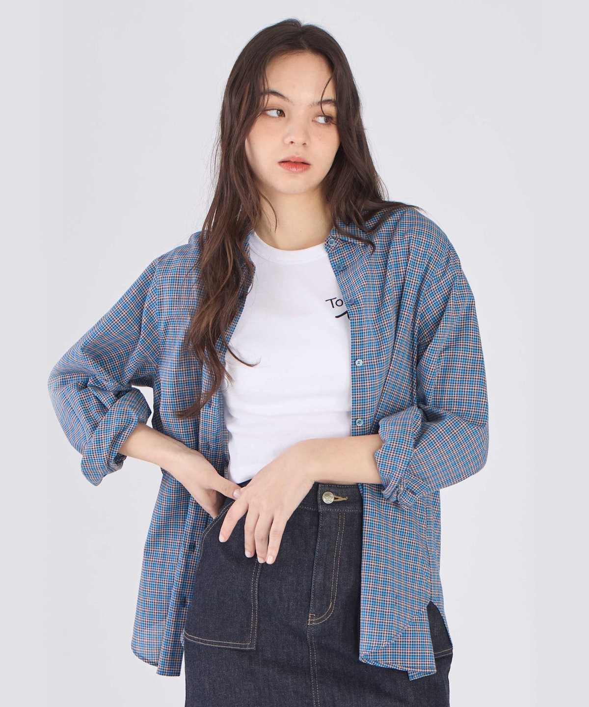 To b. by agnès b. ドビー ミニチェック コットン シャツ ネイビー