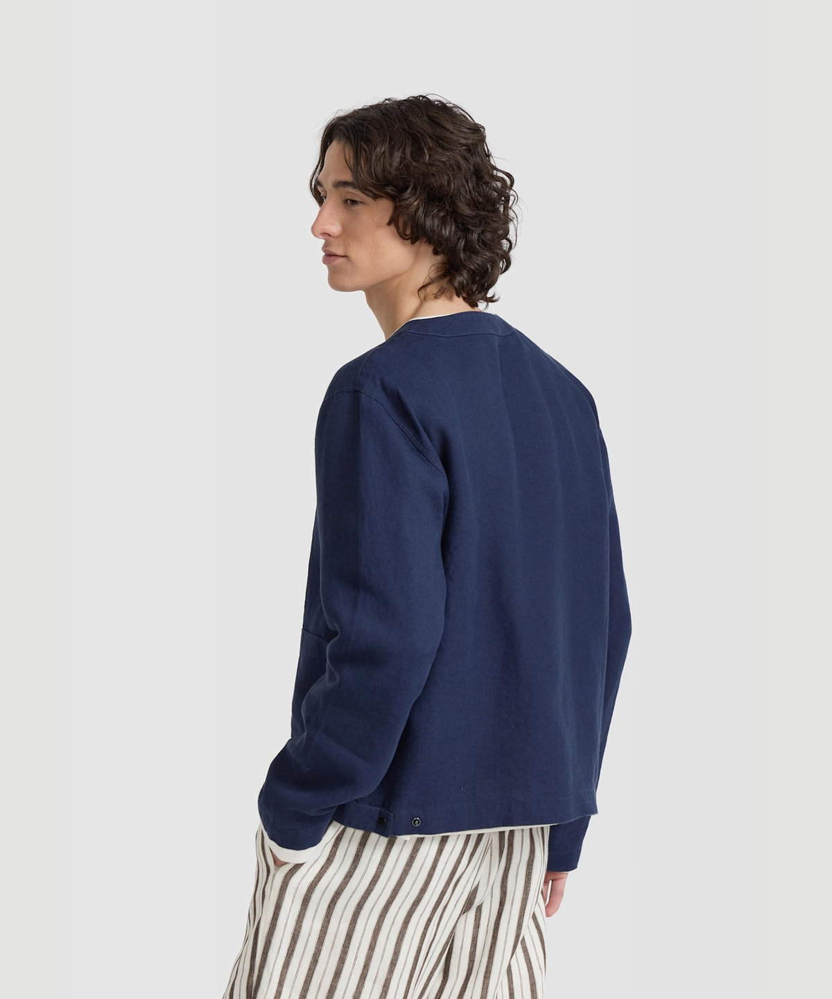 HOMME メンズ メンズ リネン 長袖 シャツ カーディガン ネイビー