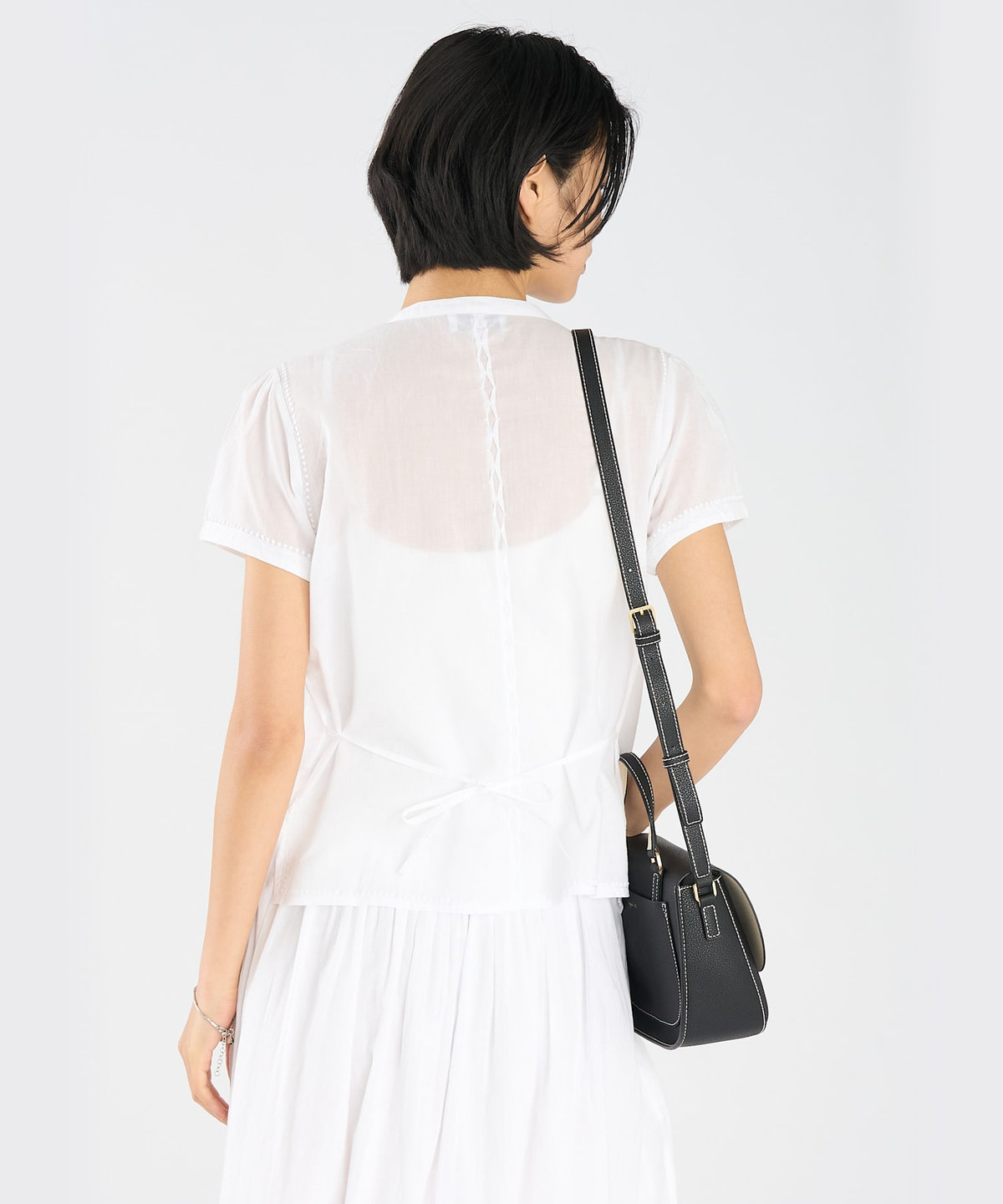 FEMME ウィメンズ 刺繍 コットン スタンドカラー 半袖 ブラウス ホワイト