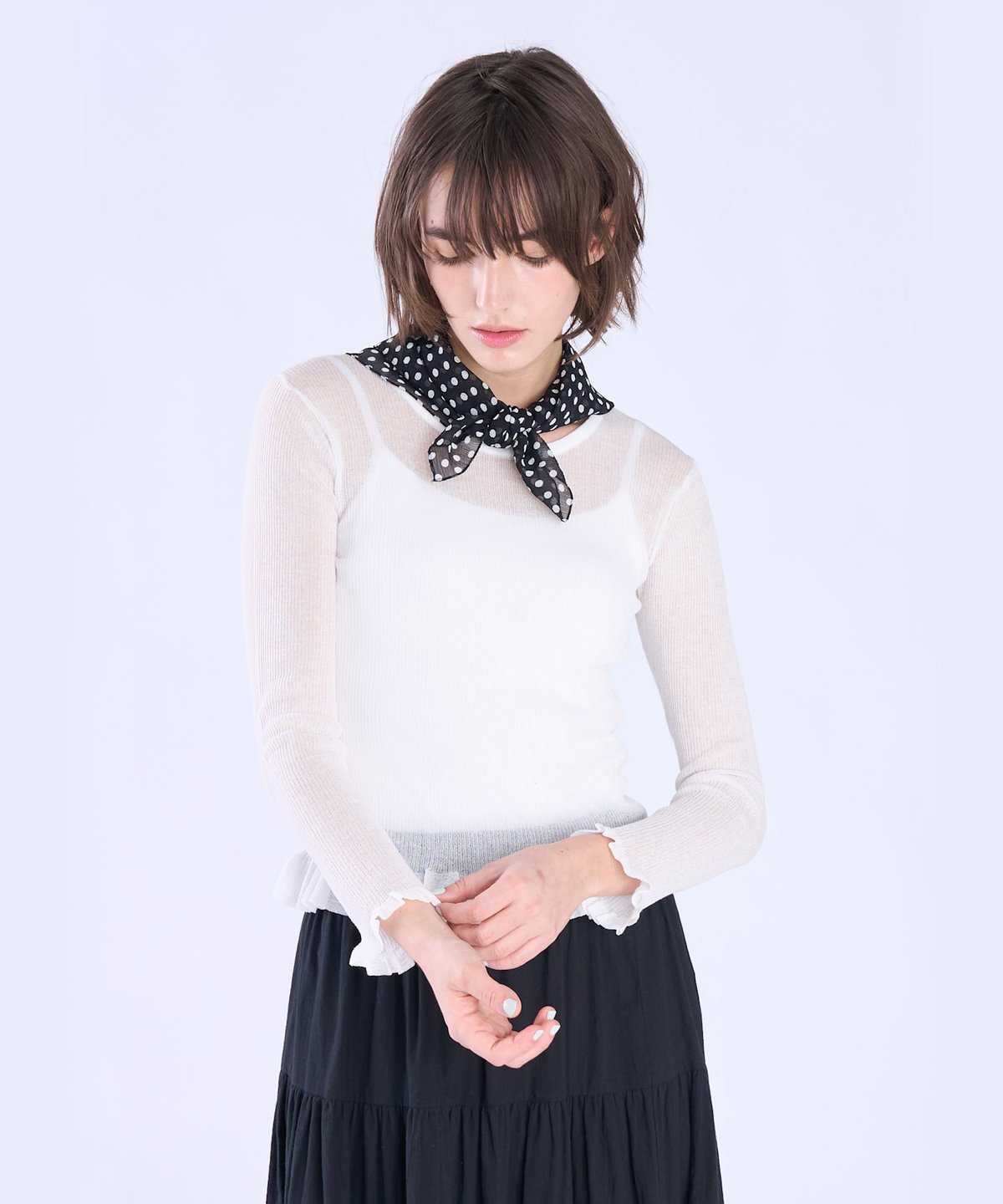 To b. by agnès b. シアー リブ フリル 長袖 ニット プルオーバー ホワイト