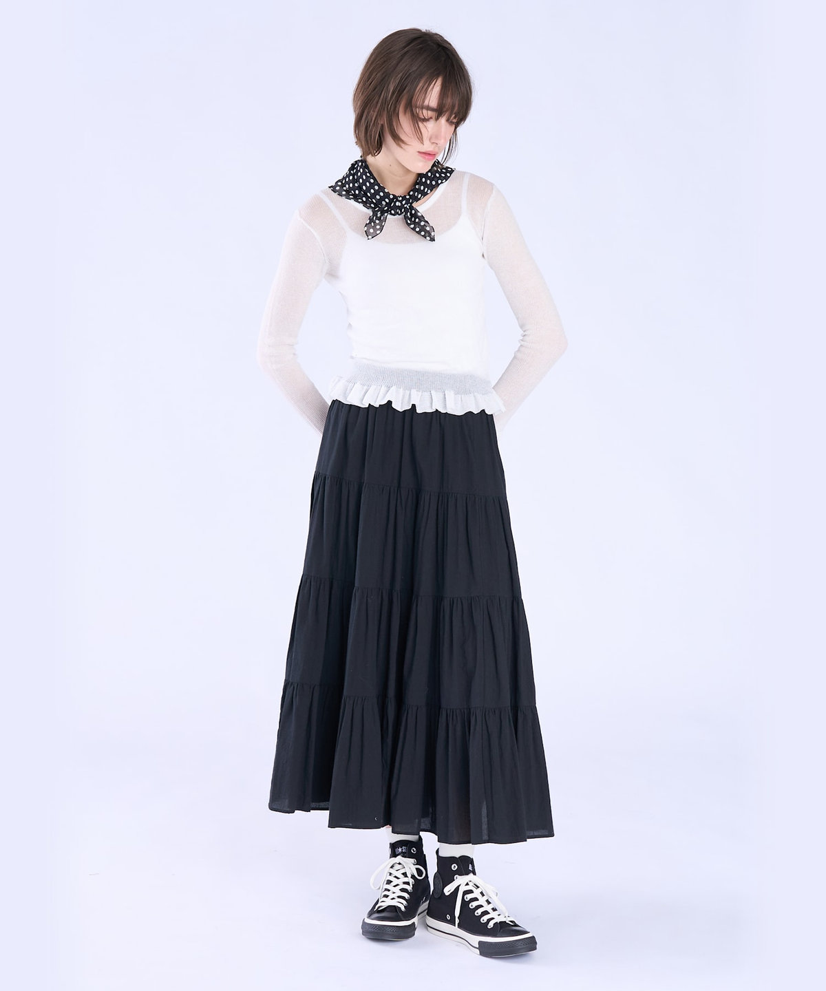 To b. by agnès b. シアー リブ フリル 長袖 ニット プルオーバー ホワイト