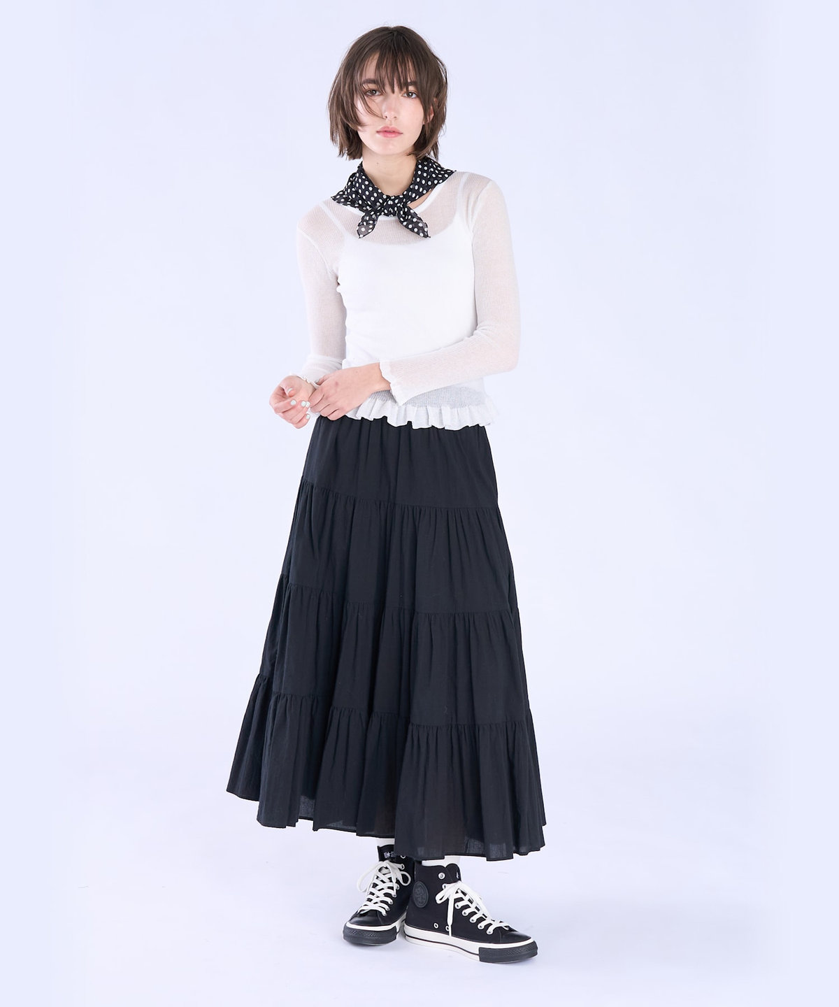 To b. by agnès b. シアー リブ フリル 長袖 ニット プルオーバー ホワイト