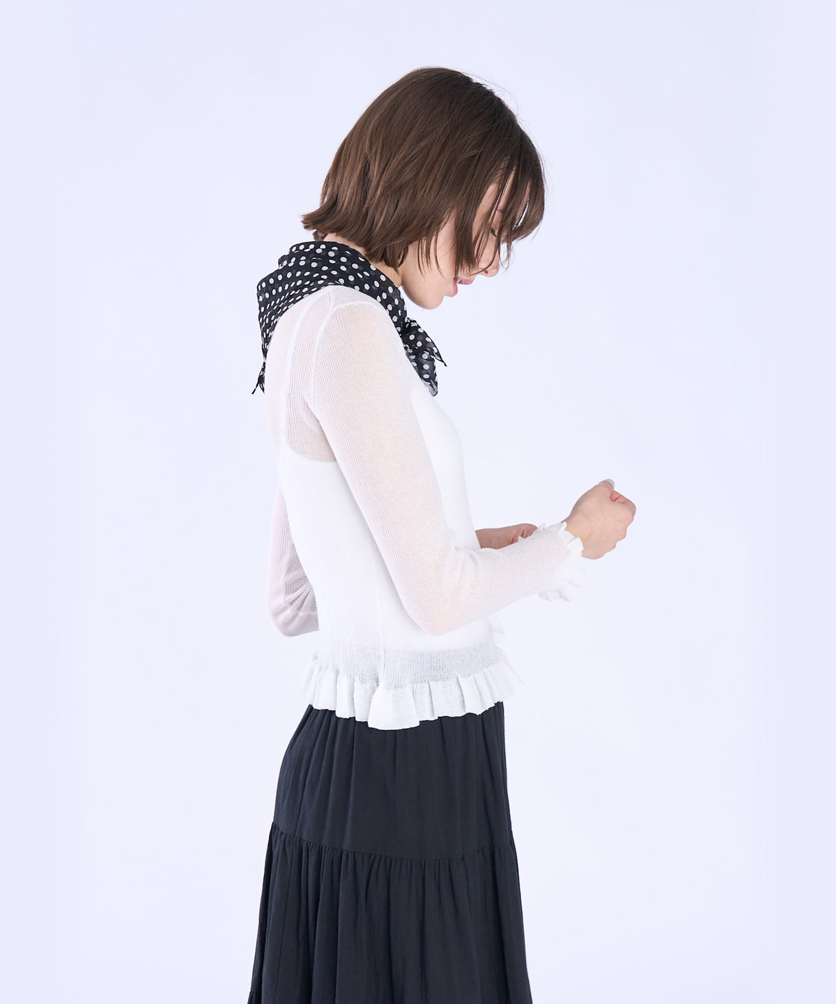 To b. by agnès b. シアー リブ フリル 長袖 ニット プルオーバー ホワイト