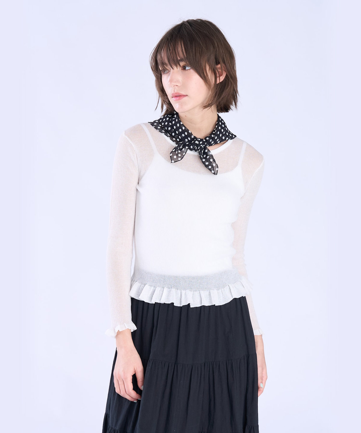 To b. by agnès b. シアー リブ フリル 長袖 ニット プルオーバー ホワイト