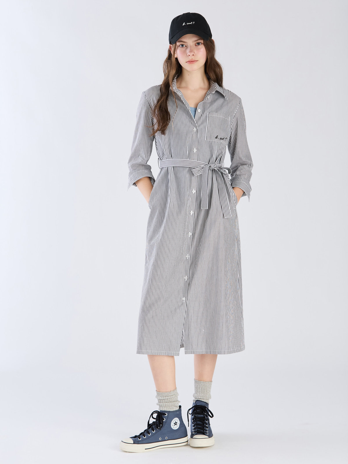 To b. by agnès b. 【Outlet】To b. by agnes b.× green label relaxing コットン 刺繍 ストライプ シャツドレス "b. cool!!" ホワイト