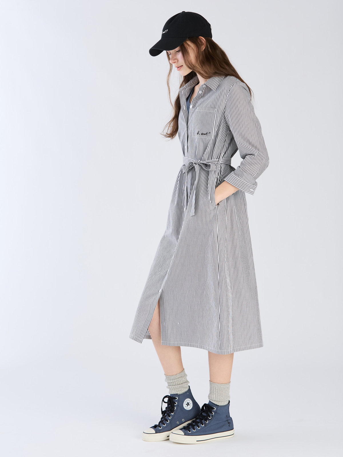 To b. by agnès b. 【Outlet】To b. by agnes b.× green label relaxing コットン 刺繍 ストライプ シャツドレス "b. cool!!" ホワイト