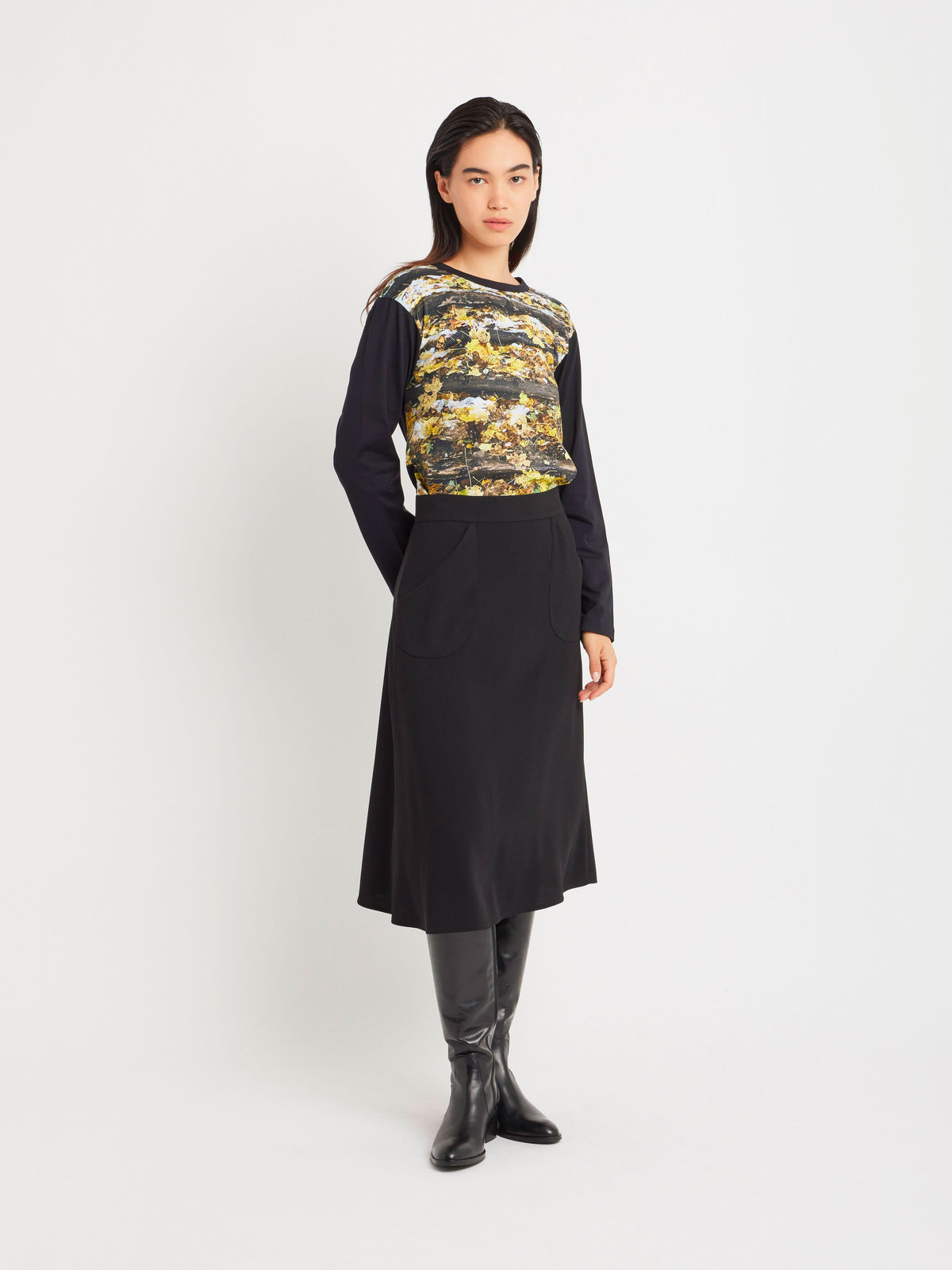 FEMME ウィメンズ フォトプリント コットン 長袖 Tシャツ ”Feuilles enneigees” マルチ