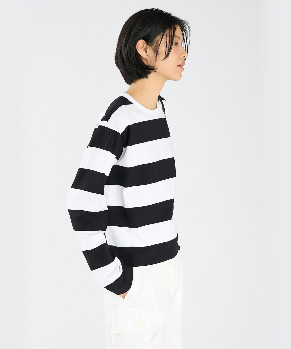FEMME ウィメンズ 太ボーダー コットン 長袖 Tシャツ "Coolio" ホワイト×ブラック
