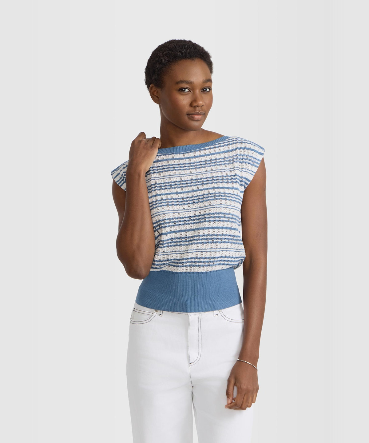 FEMME ウィメンズ ボーダー シルク リネン ノースリーブ ニット プルオーバー ライトブルー