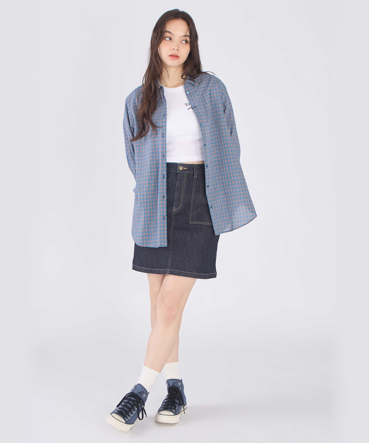 To b. by agnès b. ドビー ミニチェック コットン シャツ ネイビー