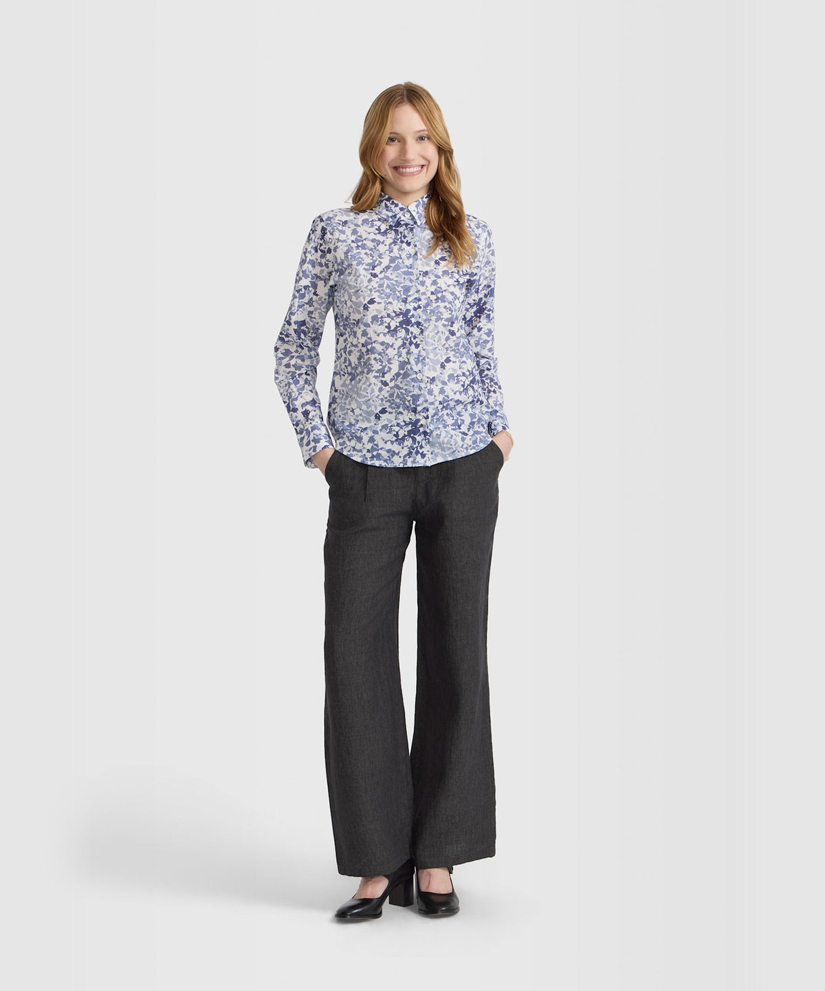 FEMME ウィメンズ フラワープリント コットン 長袖 ブラウス "Jasmine" ブルー系その他