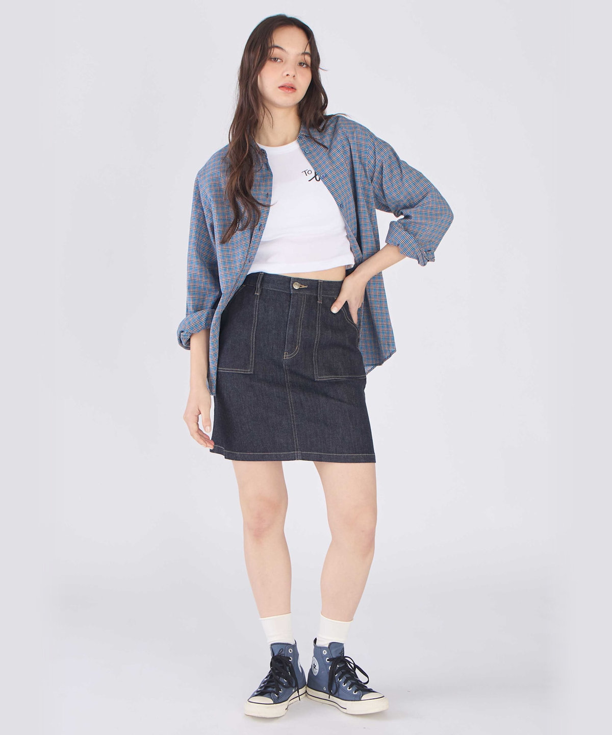 To b. by agnès b. ドビー ミニチェック コットン シャツ ネイビー