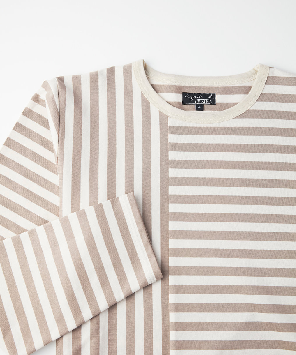 FEMME ウィメンズ 【by R 限定品】agnes b. 細ボーダーxストライプ コットン 長袖 Tシャツ "Haru" ベージュ×エクリュ