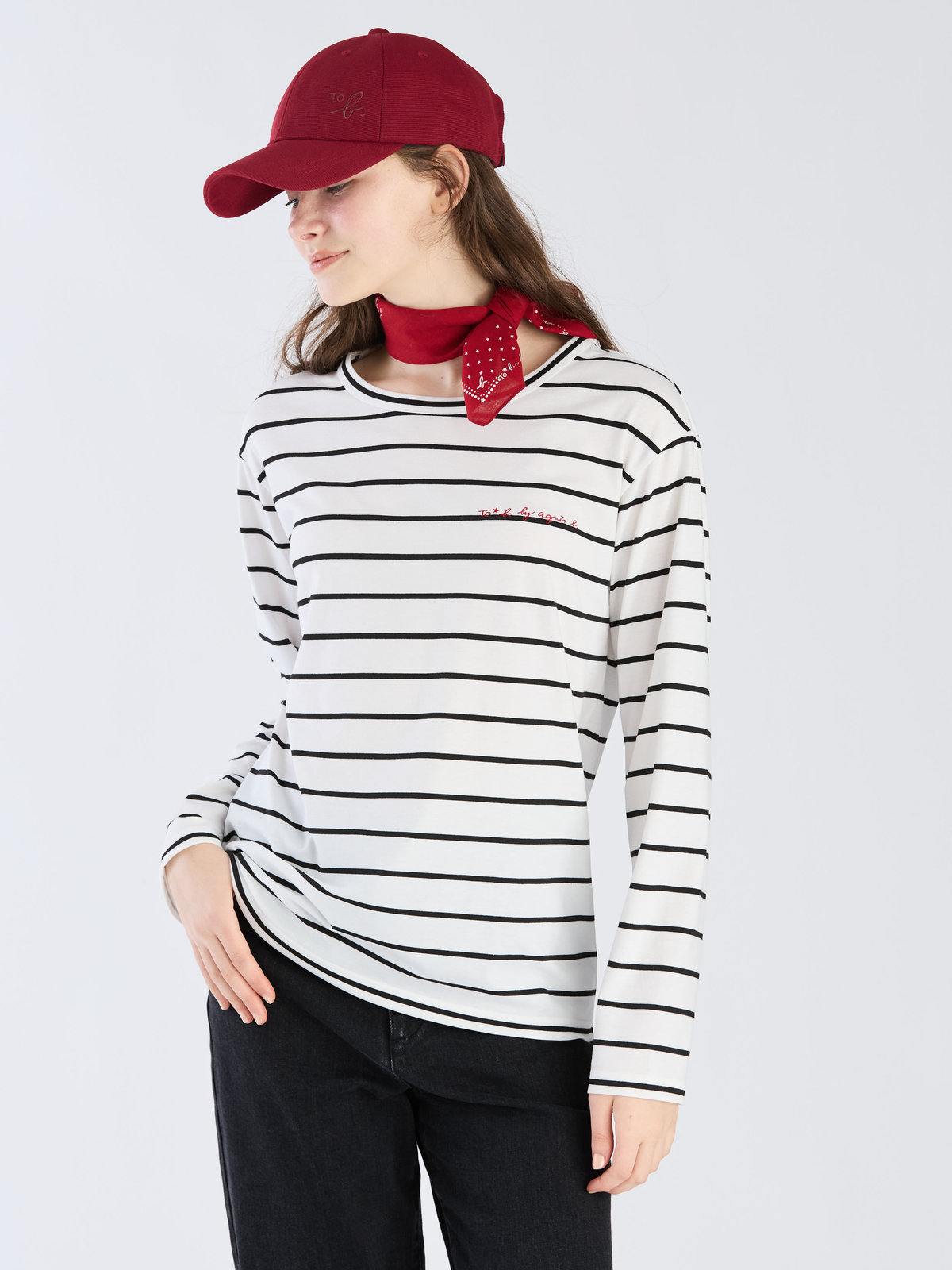 To b. by agnès b. 【Outlet】To b. by agnes b.× green label relaxing ロゴ ボーダー ロングスリーブTシャツ ホワイト