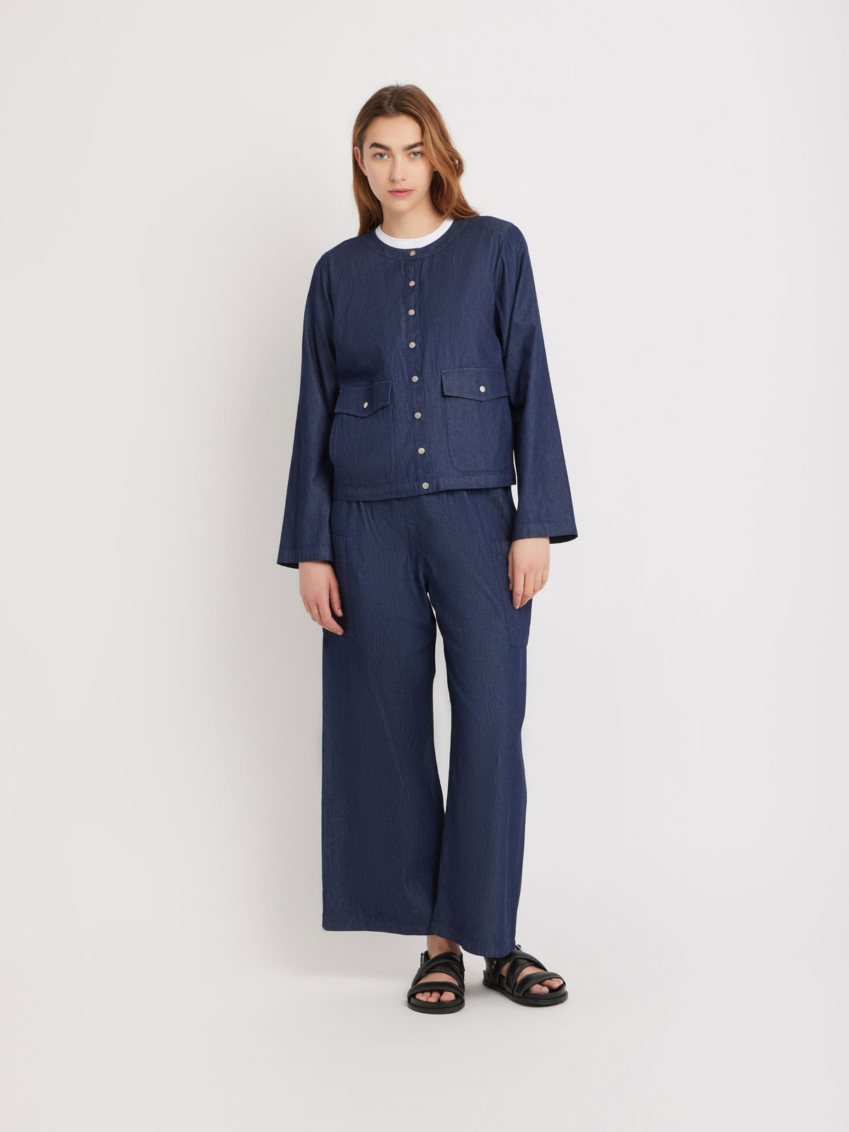 FEMME ウィメンズ デニム 長袖 シャツカーディガン ネイビー