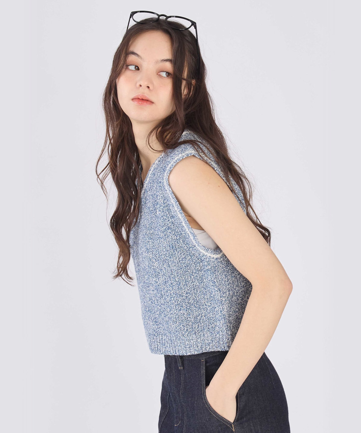 To b. by agnès b. スター 刺繍 ミックス ヤーン ニット ベスト ブルー