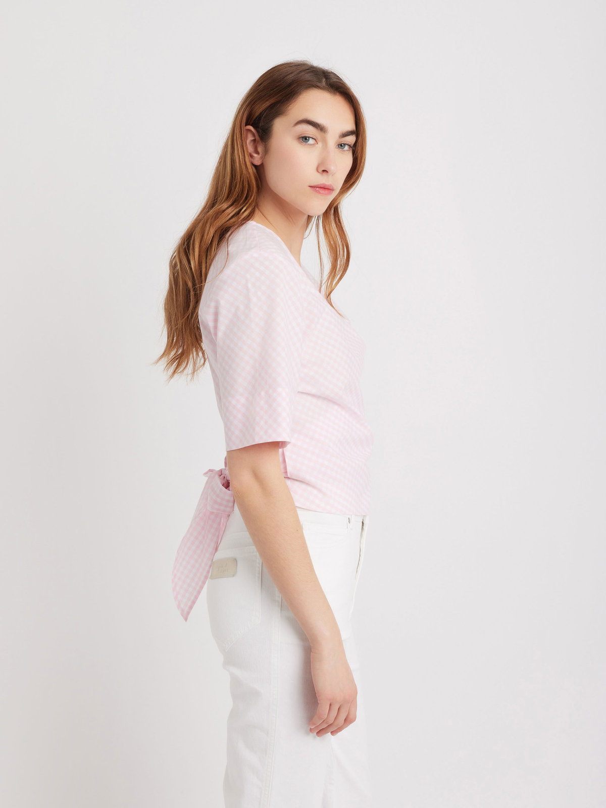 FEMME ウィメンズ 【Outlet】ギンガムチェック コットン 半袖 カシュクール トップス ピンク