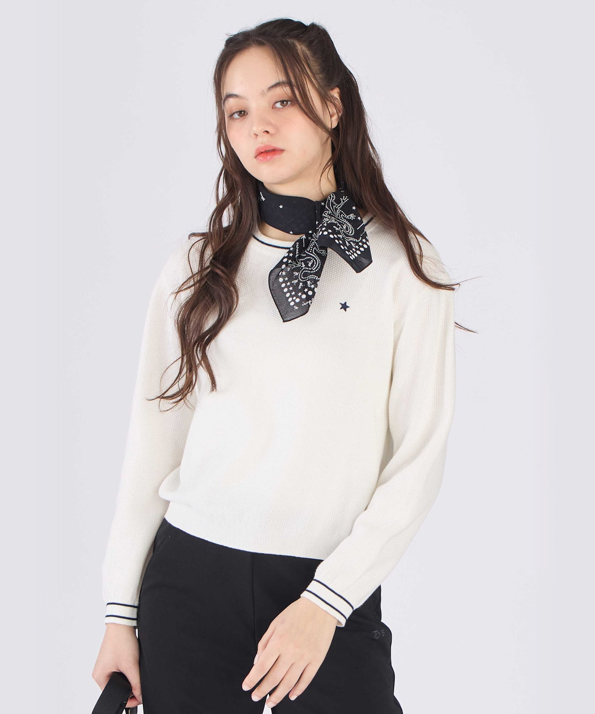 To b. by agnès b. スター 刺繍 ライン コットン 長袖 ニット プルオーバー ホワイト