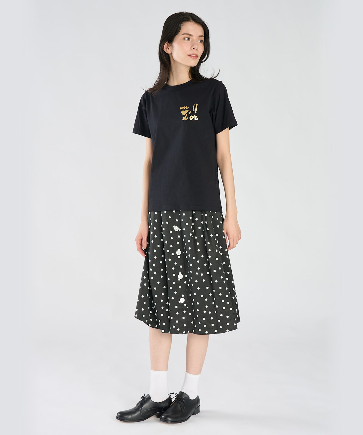 FEMME ウィメンズ 【by R 限定品】agnes b. プリント コットン 半袖 Tシャツ "un coeur d'or !!" ブラック