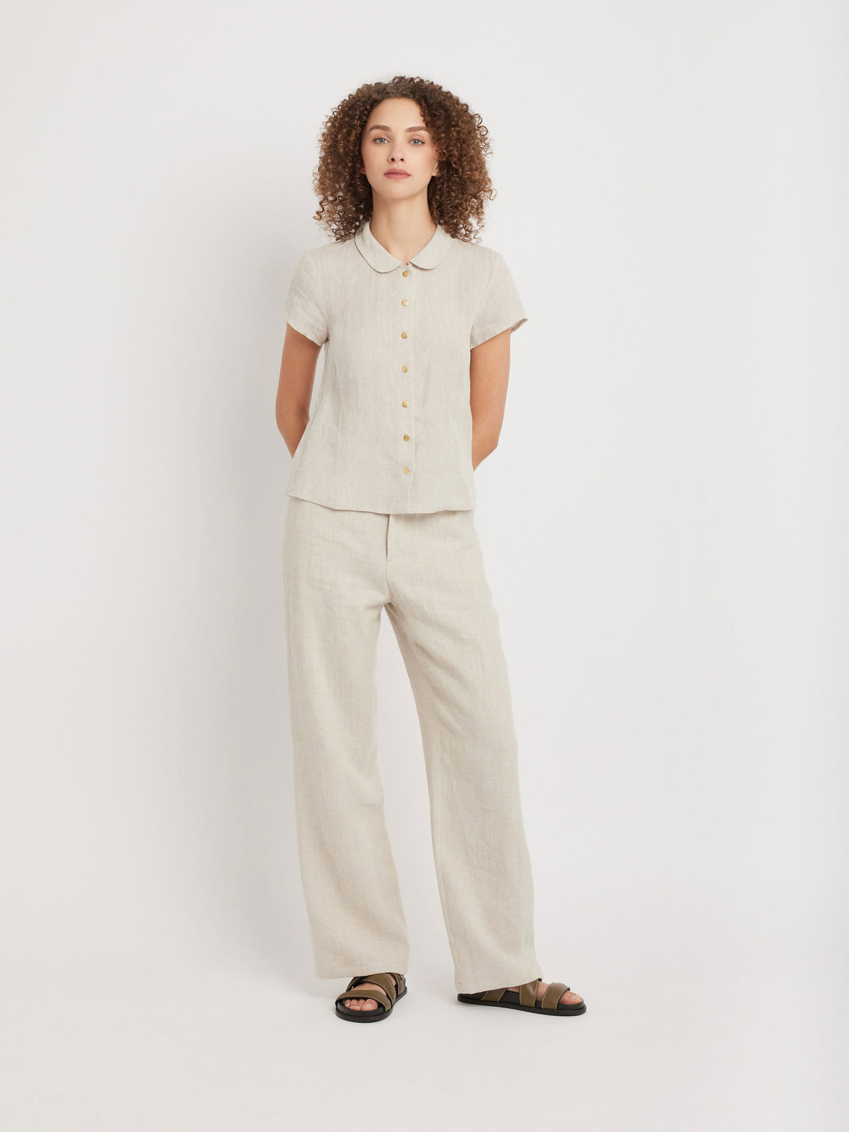 FEMME ウィメンズ リネン 丸襟 半袖 ブラウス "Adele" ベージュ