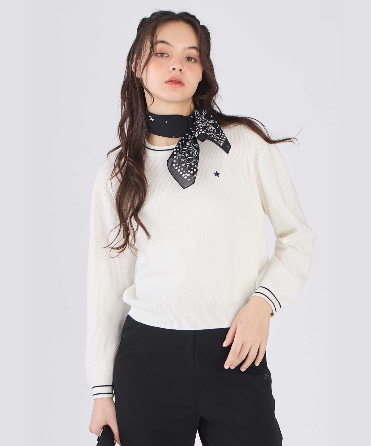 To b. by agnès b. スター 刺繍 ライン コットン 長袖 ニット プルオーバー ホワイト