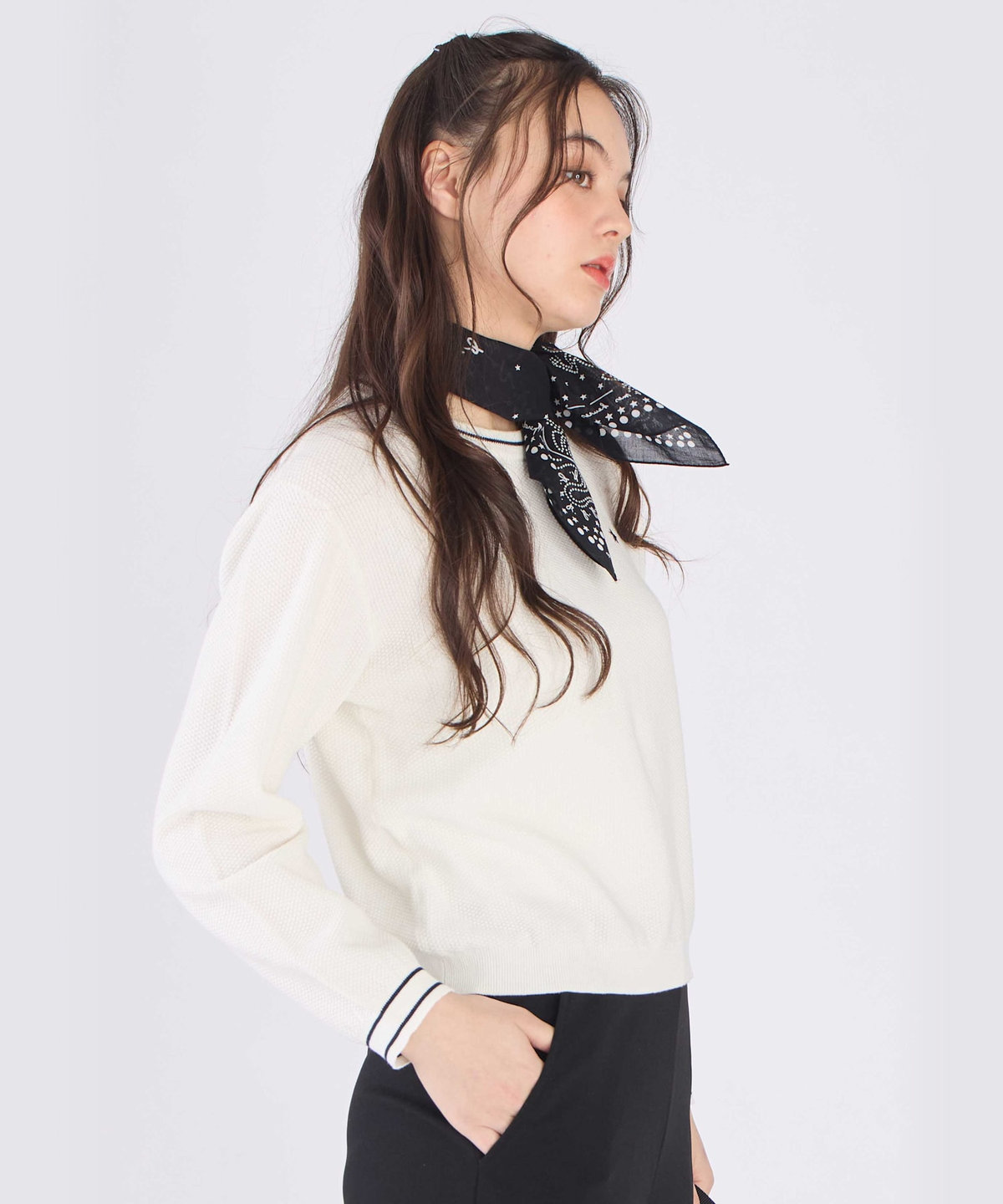 To b. by agnès b. スター 刺繍 ライン コットン 長袖 ニット プルオーバー ホワイト