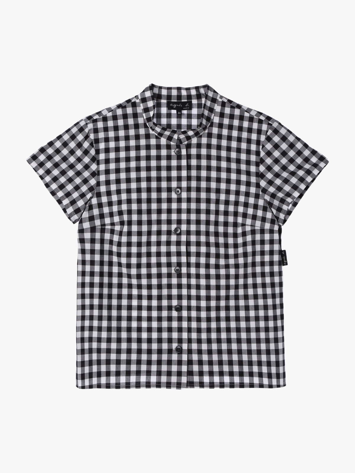 FEMME ウィメンズ ギンガムチェック コットン スタンドカラー 半袖 ブラウス ブラック