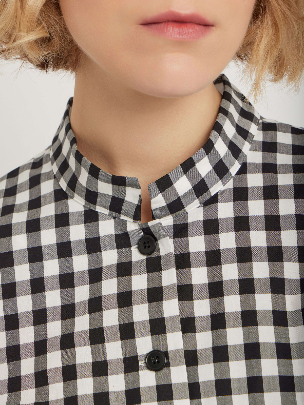 FEMME ウィメンズ ギンガムチェック コットン スタンドカラー 半袖 ブラウス ブラック