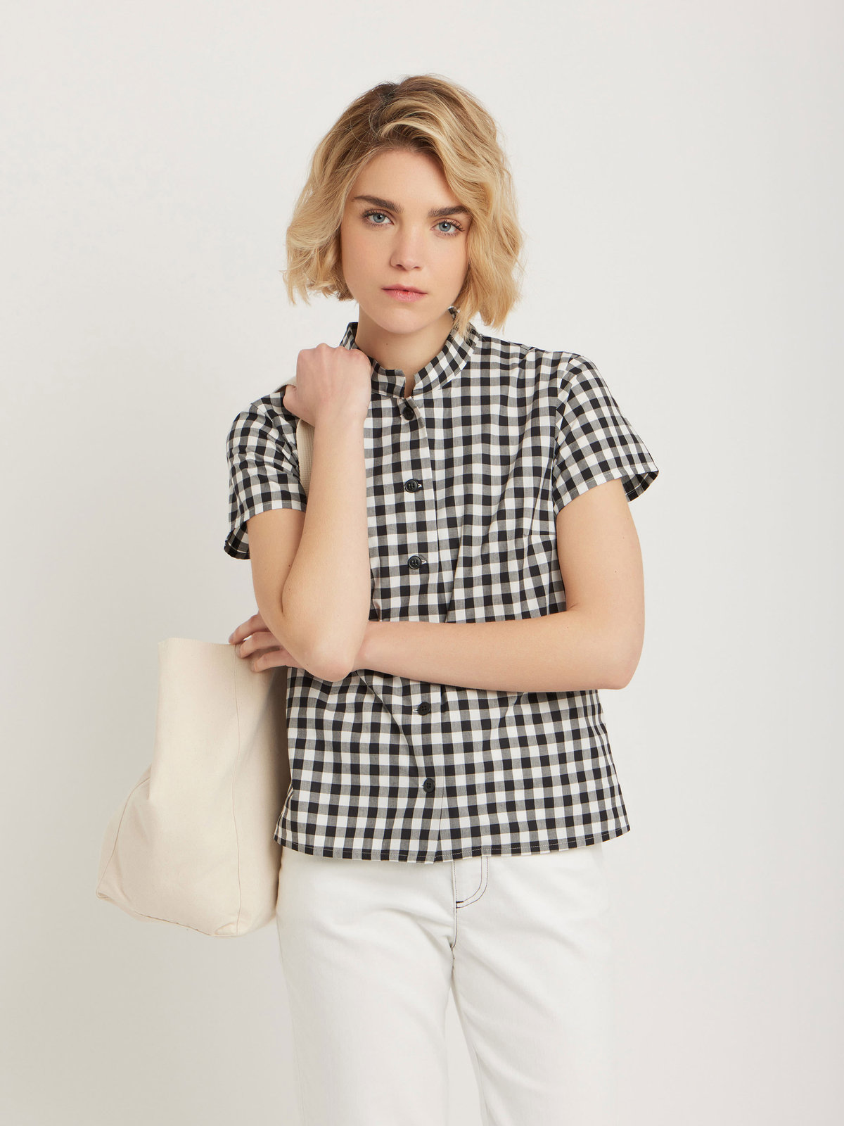 FEMME ウィメンズ ギンガムチェック コットン スタンドカラー 半袖 ブラウス ブラック