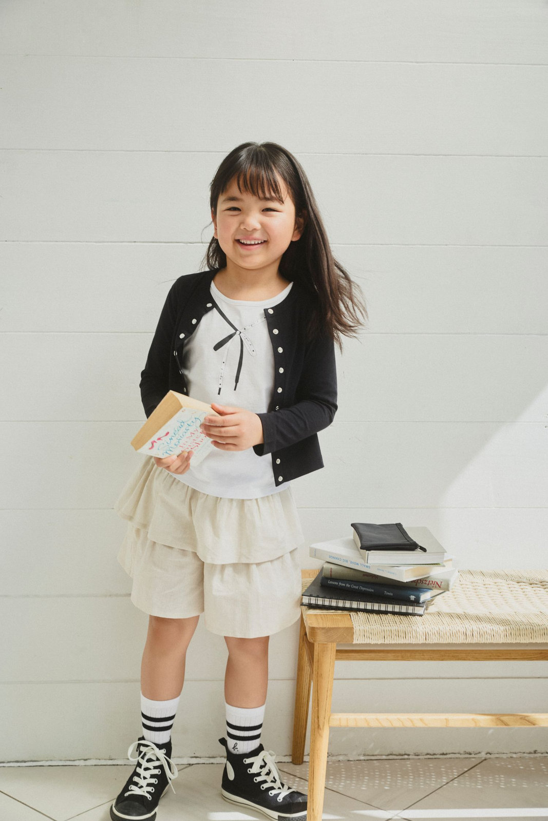 ENFANT ガールズ キッズ リボン プリント コットン 半袖 Tシャツ "Iris" ホワイト