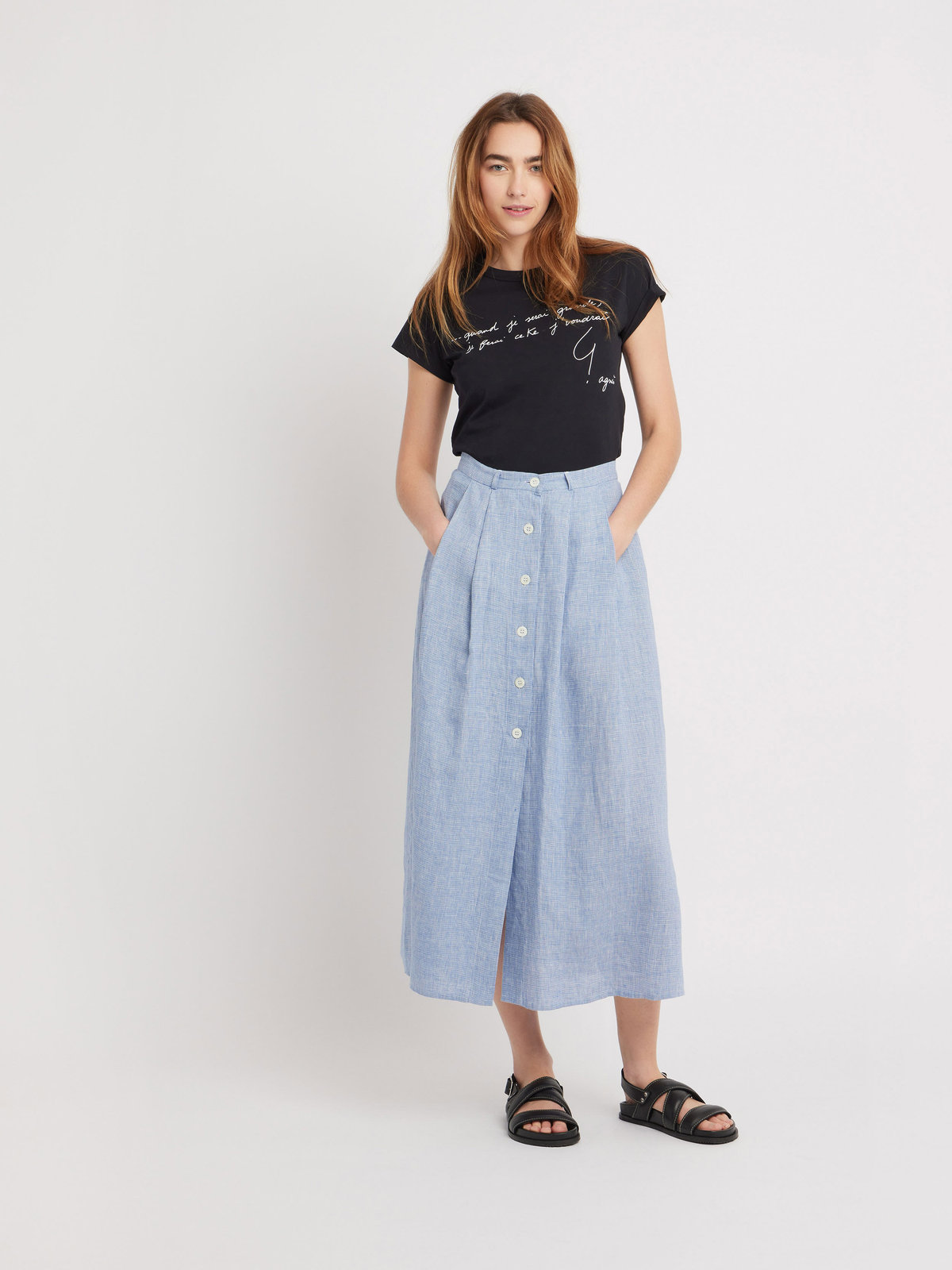 FEMME ウィメンズ チェック リネン ロングスカート "Lenora" ブルー